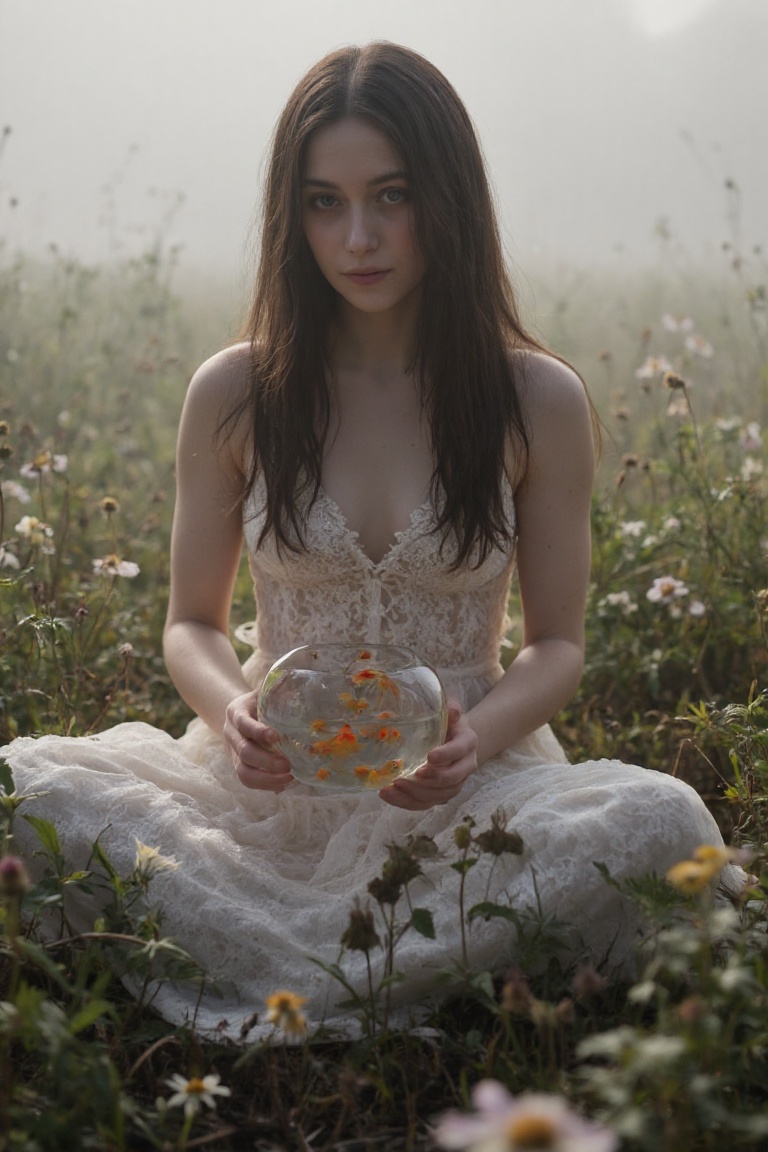 digital paint of a person sitting in lace wedding dress and holdint a transparent bowl with gold fish in a natural setting...