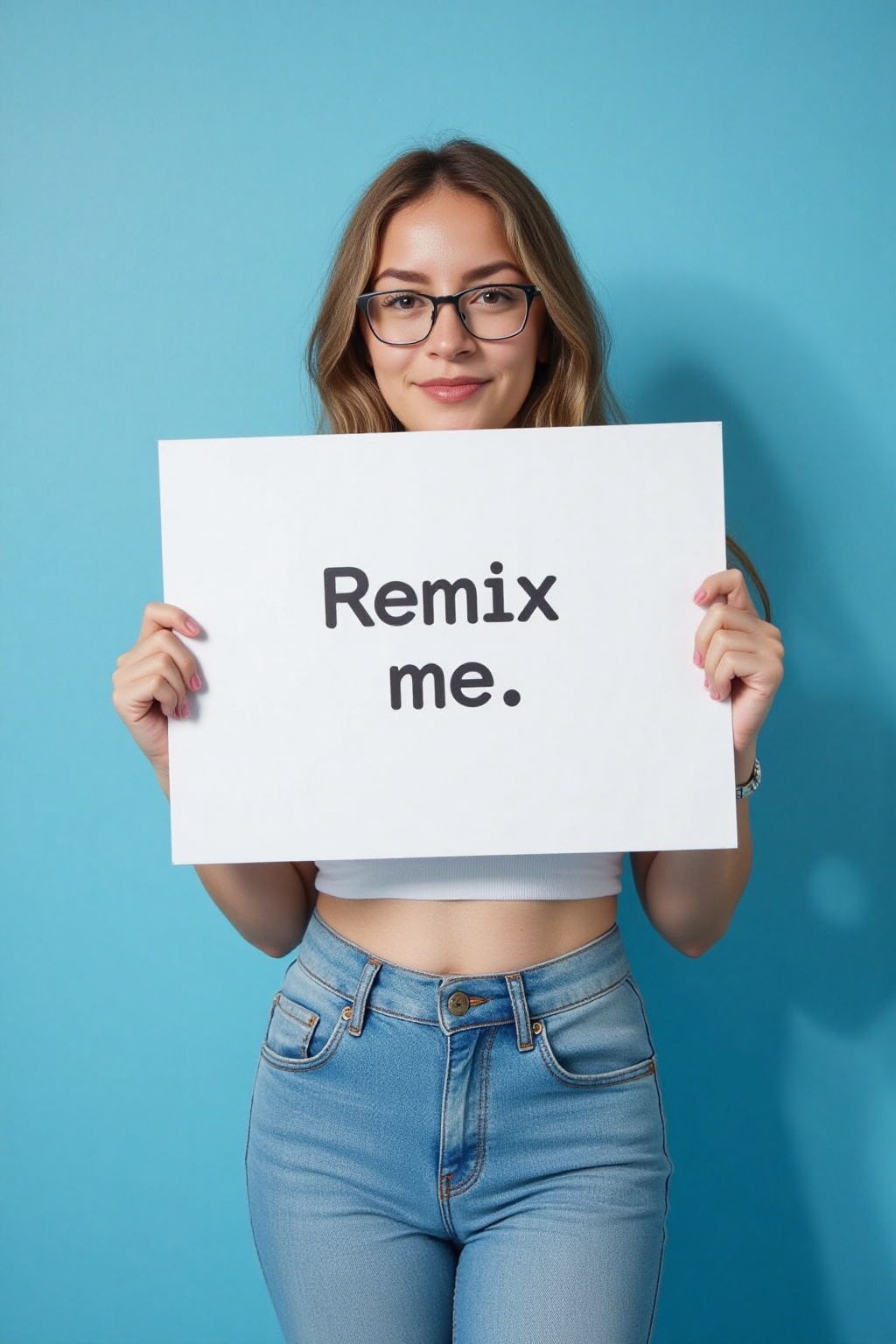 Professional studio photoshoot of a young woman with long brown hair,  wearing a white crop top and jeans pants. glasses....
