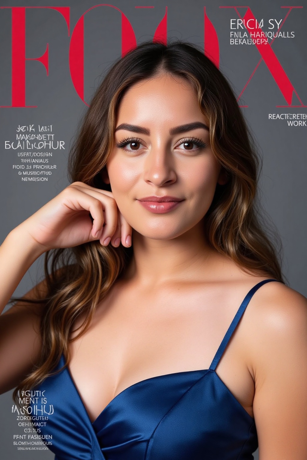 Professional studio photoshoot of a young woman with long brown hair,  wearing a satin blue dress with thin straps. Her lo...