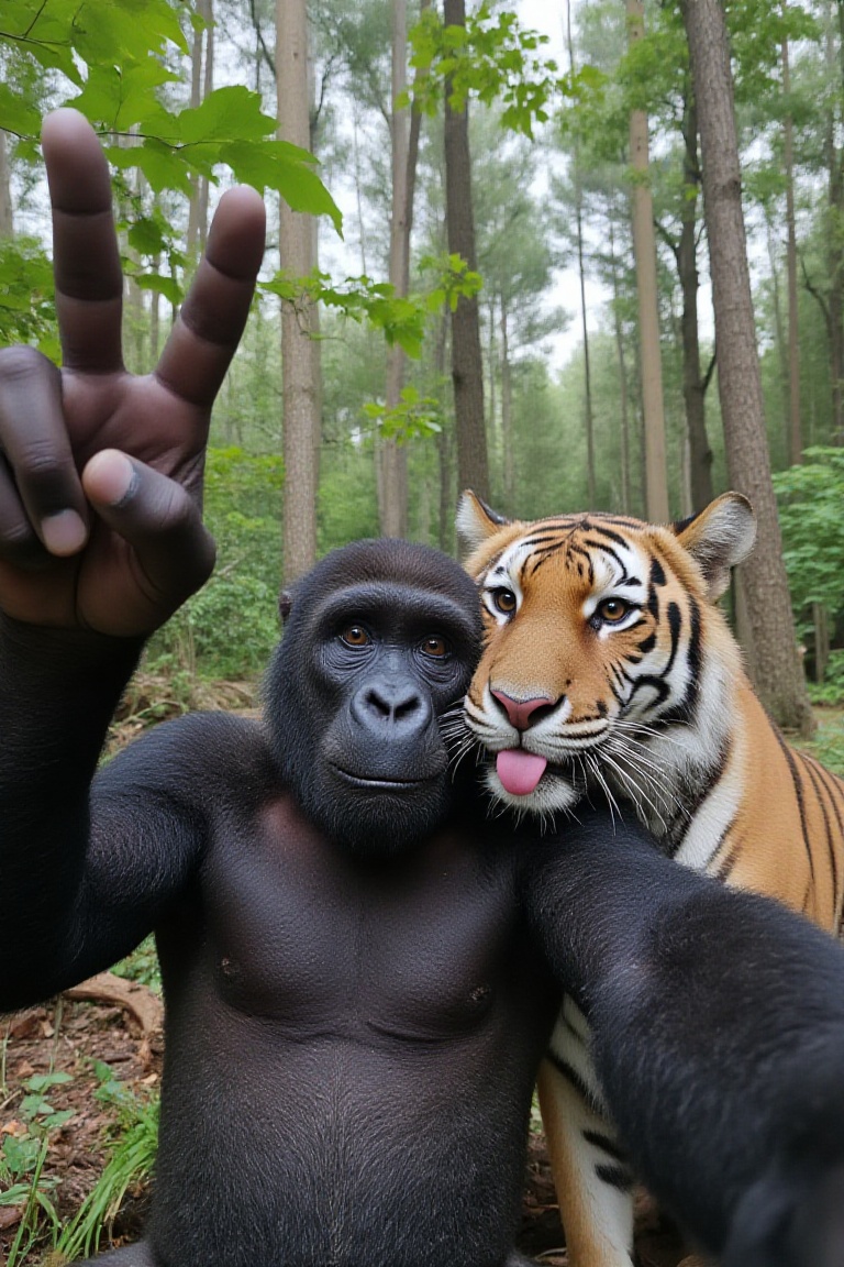 A hyperrealistic ultra wide high angle close-up selfie taken from a slightly low angle,  featuring a gorilla and a tiger p...