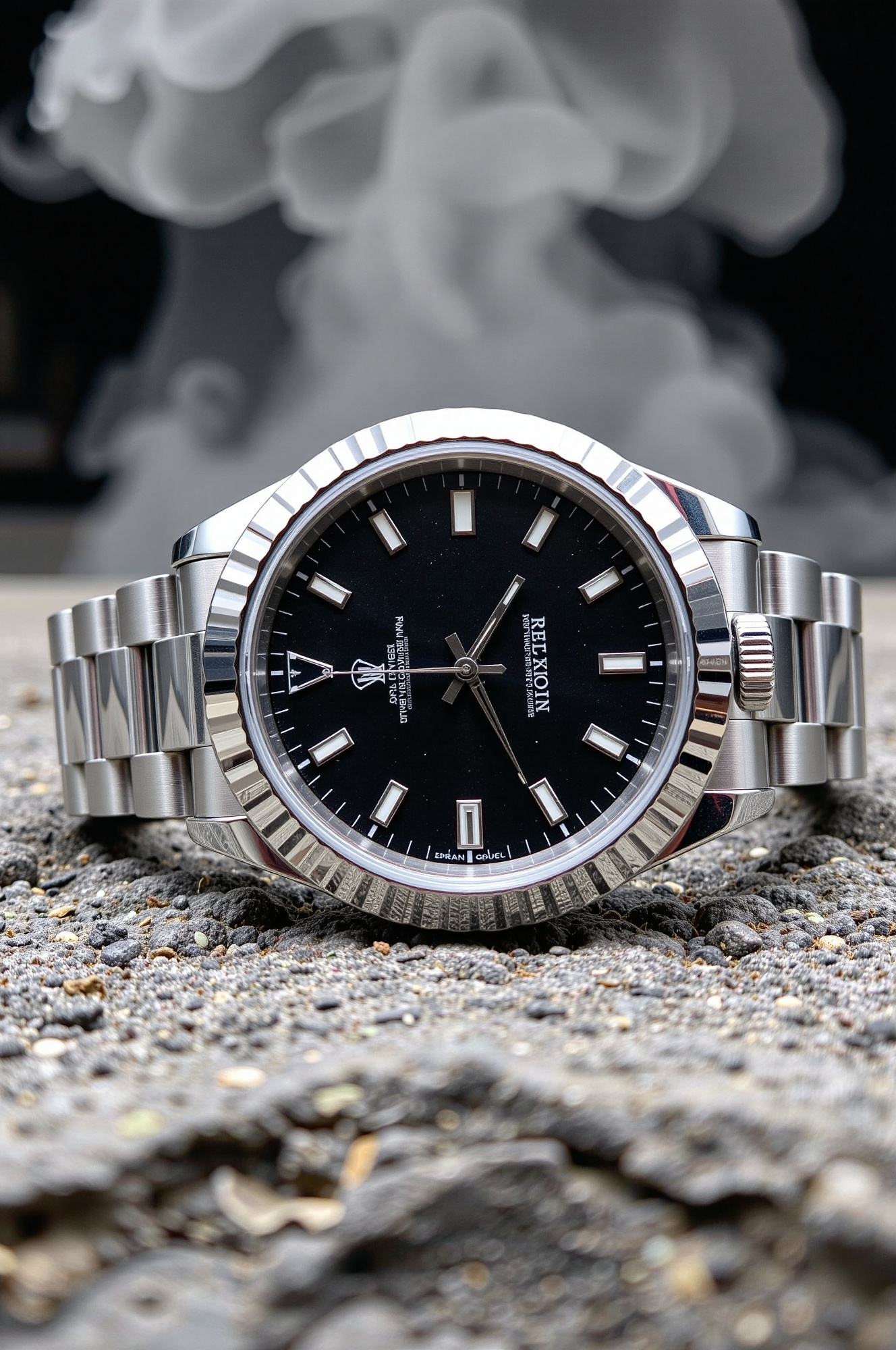 A Rolex watch with a stainless steel band is positioned slightly tilted to the right on a rock surface. The camera angle c...