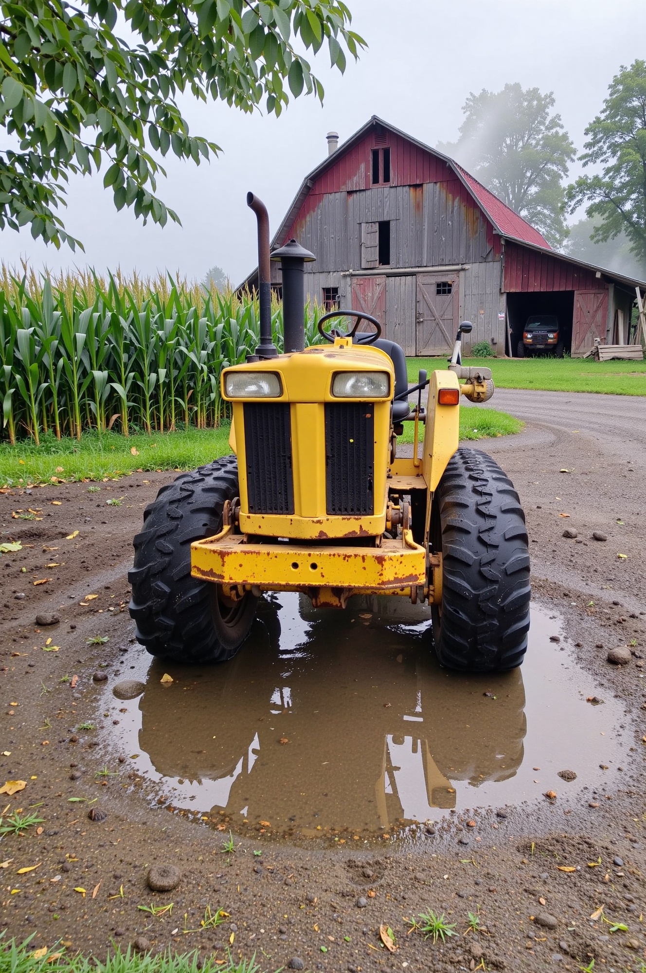 a yellow Agriculture Tracktor through a puddle at the corn farm,  barn,  chimney on Tensor.Art