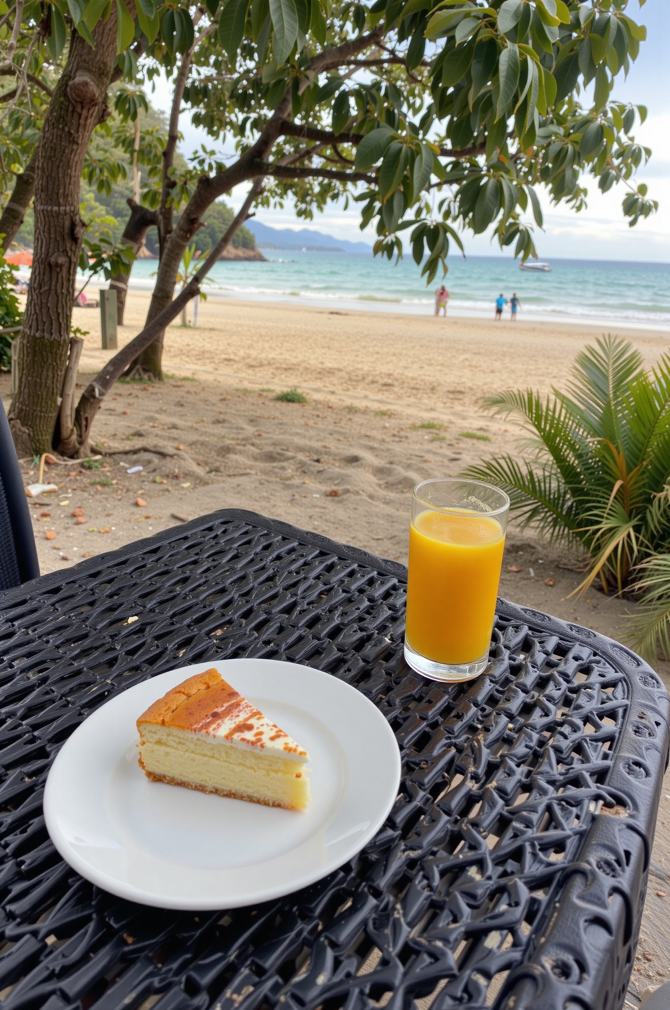 a slice of cake in a plate with orange juice on the table near a beach on Tensor.Art