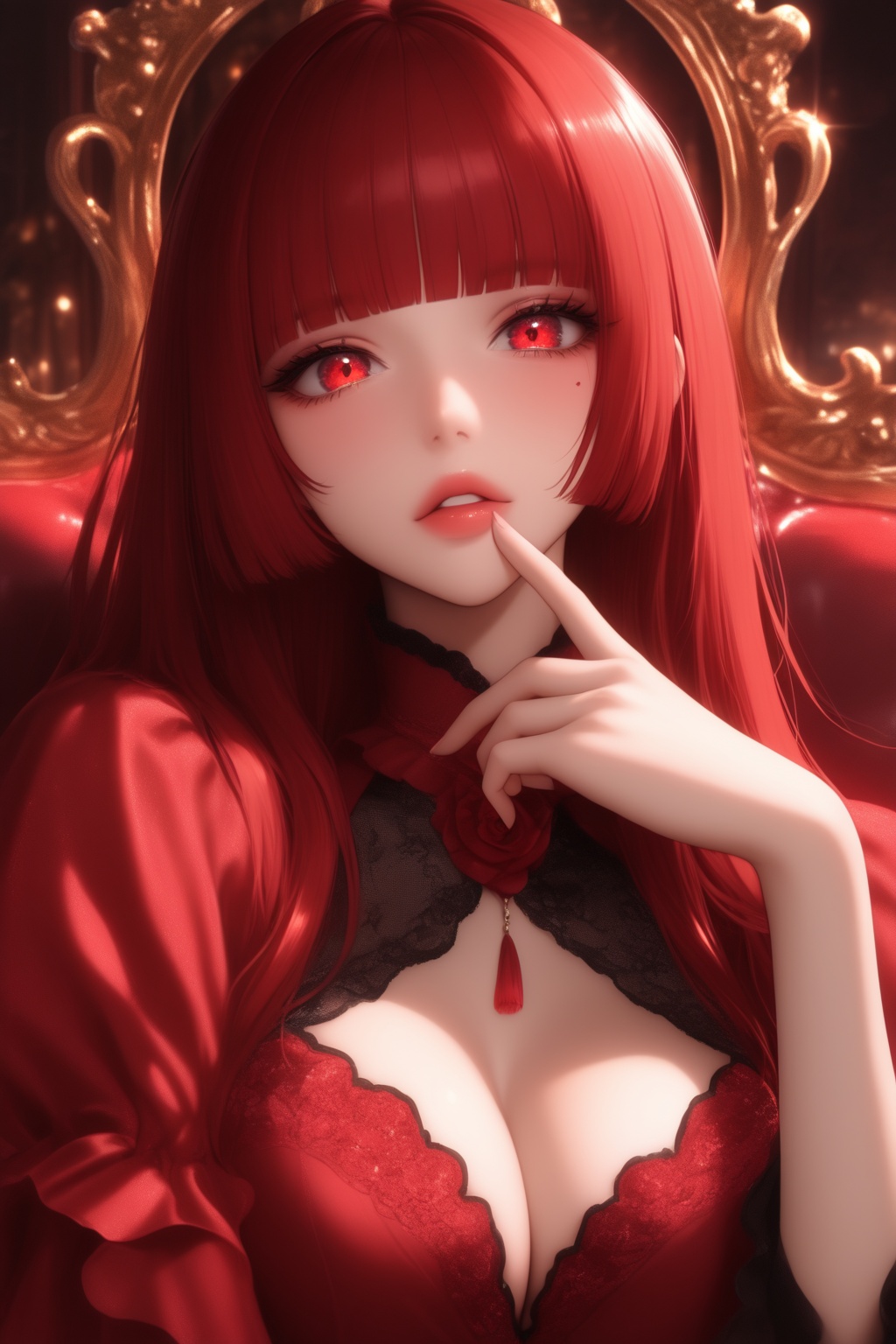 masterpiece, best quality, very aesthetic, absurdres,  upper body, 1girl, solo, looking at viewer, red hair, long hair, himecut, blunt bangs, red eyes, finger on mouth, red dress, parted lips, head tilted, indoors, illuxy_style