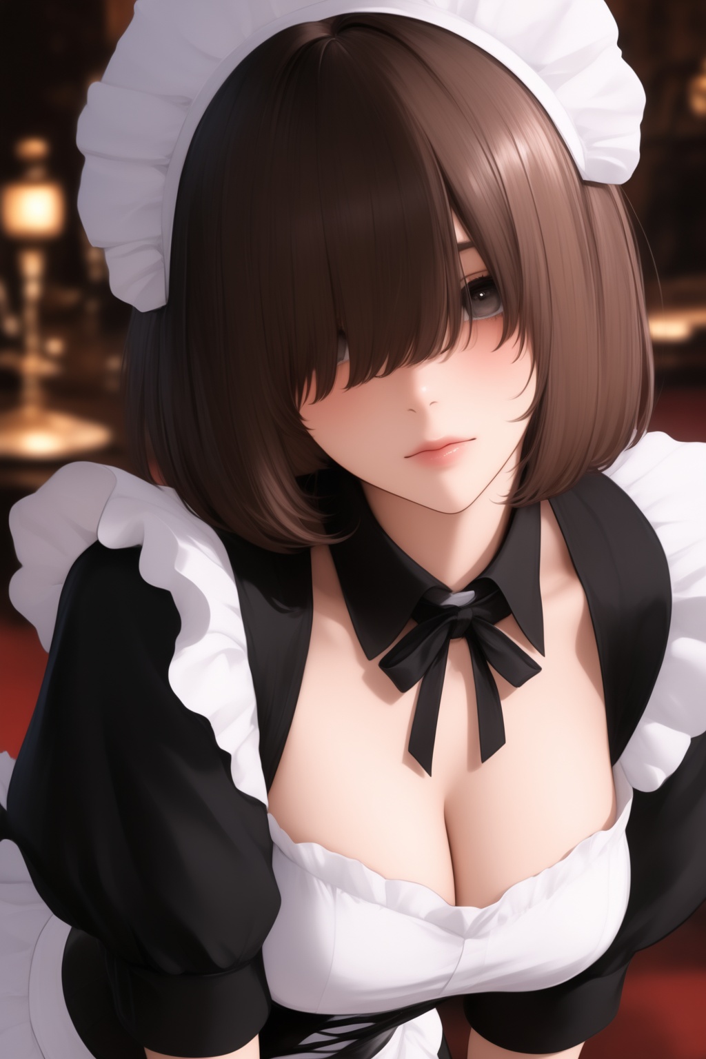 masterpiece, best quality, very aesthetic, absurdres,  upper body, leaning forward, facing viewer, 1girl, solo, looking at viewer, brown hair, short hair, hair over eyes, long bangs, maid outfit, maid hat, closed mouth, head tilted, indoors, illuxy_style