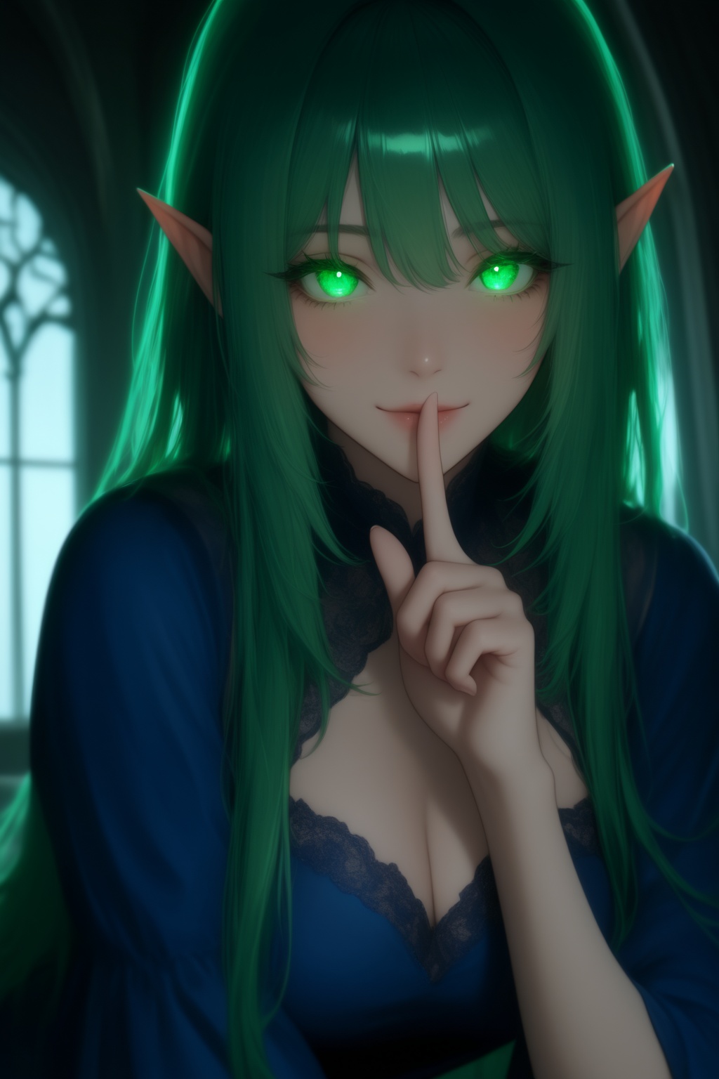 masterpiece, best quality, very aesthetic, absurdres,  upper body, leaning forward, facing viewer, 1girl, solo, looking at viewer, green hair, long hair, pointy ears, green eyes, glowing eyes, light smile, shushing, blue dress, indoors, illuxy_style