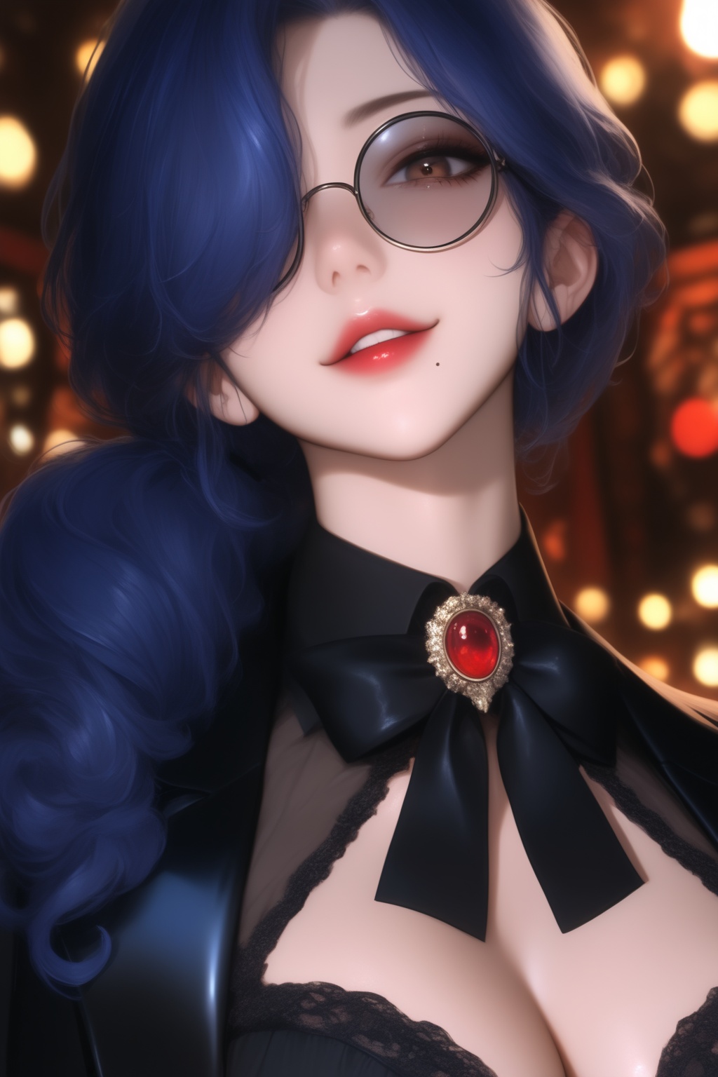 masterpiece, best quality, very aesthetic, absurdres,  upper body, 1girl, solo, looking at viewer, blue hair, long hair, ponytail, dril hair, curly hair, hair over shoulders, hair over one eye, brown eyes, red lips, monocle glasses, mole under mouth, black jacket, black bow brooch tie, black shirt, amused, smirk, parted lips, head tilted, indoors, bokeh, illuxy_style