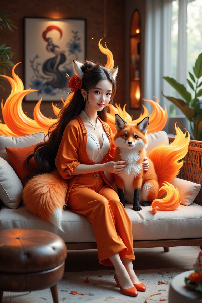 1girl sits on the big sofa and plays with a pet,  a fire fox in a big living room,  interior design on Tensor.Art