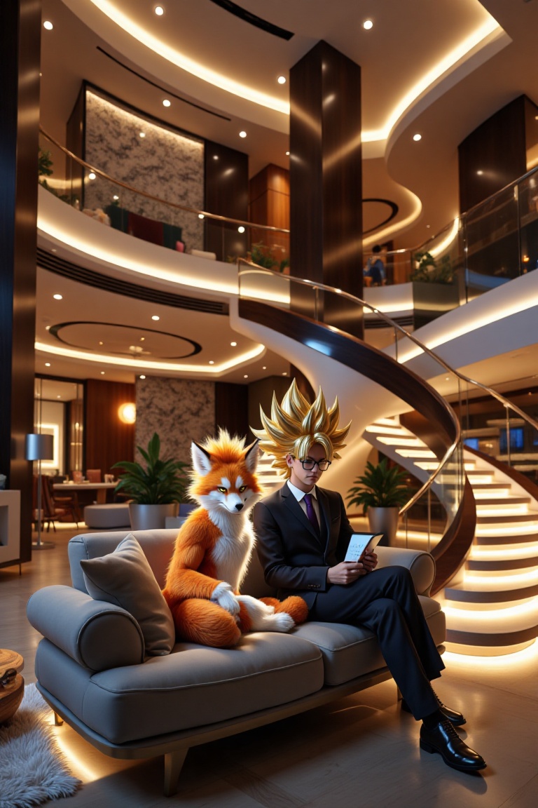 a super saiyan sit on a big sofa watching ipad in a big living room,  interior design,  super saiyan on Tensor.Art