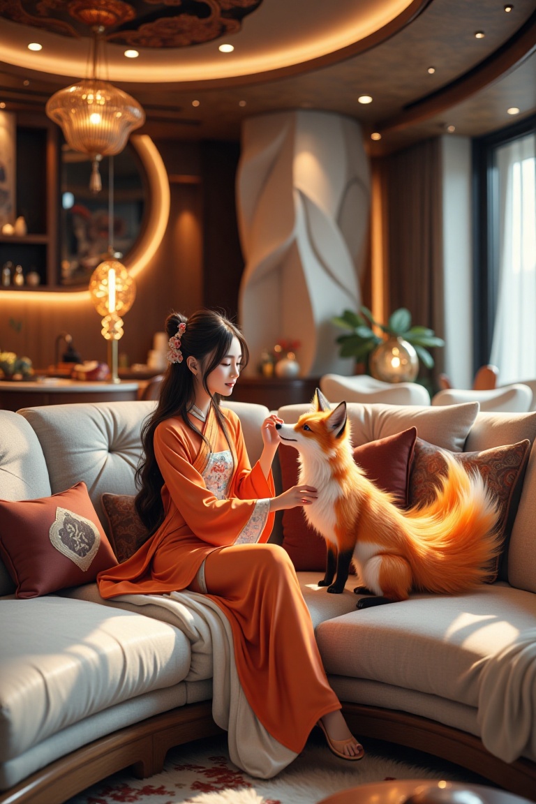 1girl sits on the big sofa and plays with a pet,  a fire fox in a big living room,  interior design on Tensor.Art