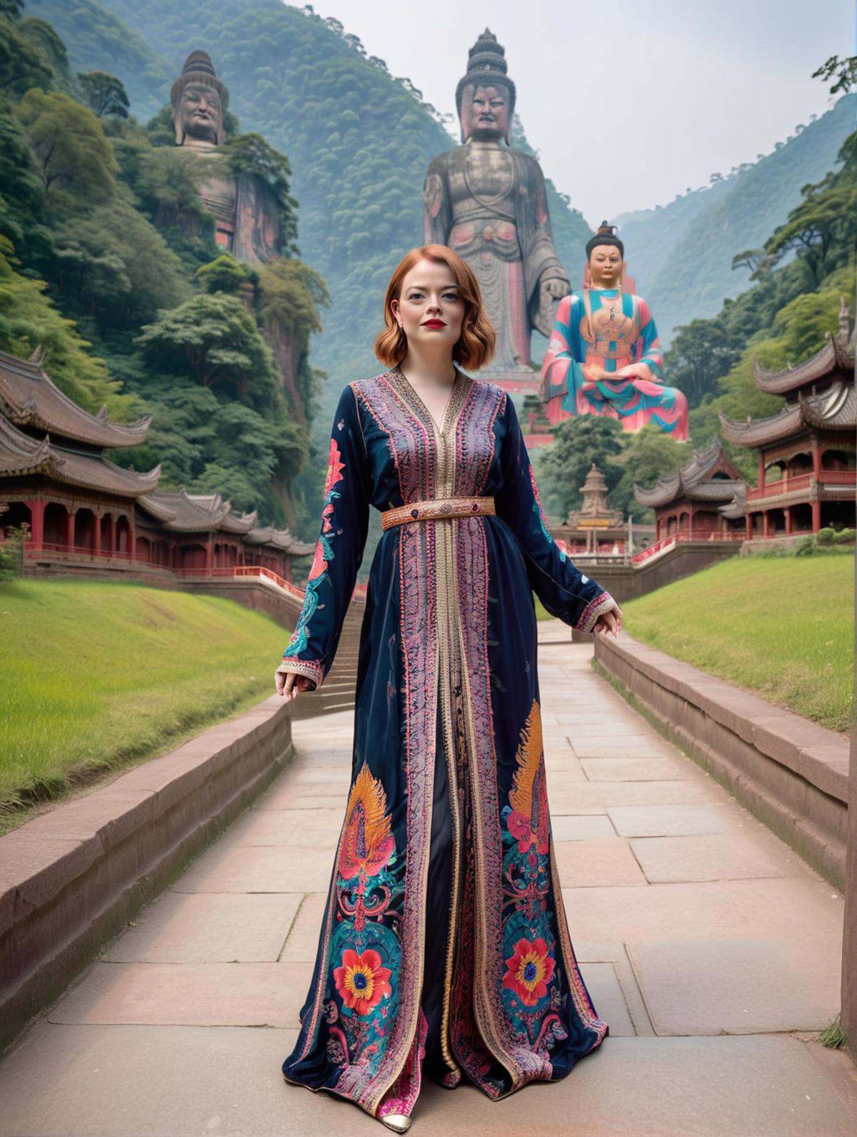 plump Goth ,  Biopunk,  Walking at a Leshan Giant Buddha on Tensor.Art