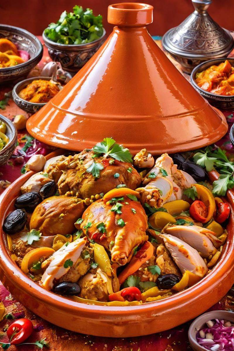 a tagine filled with lots of different types of food,  inspired by Alberto Morrocco,  chicken on Tensor.Art