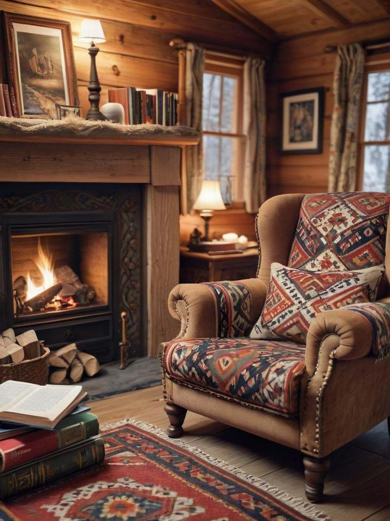A cozy,  rustic cabin in the woods,  with a roaring fire and a comfortable armchair on Tensor.Art