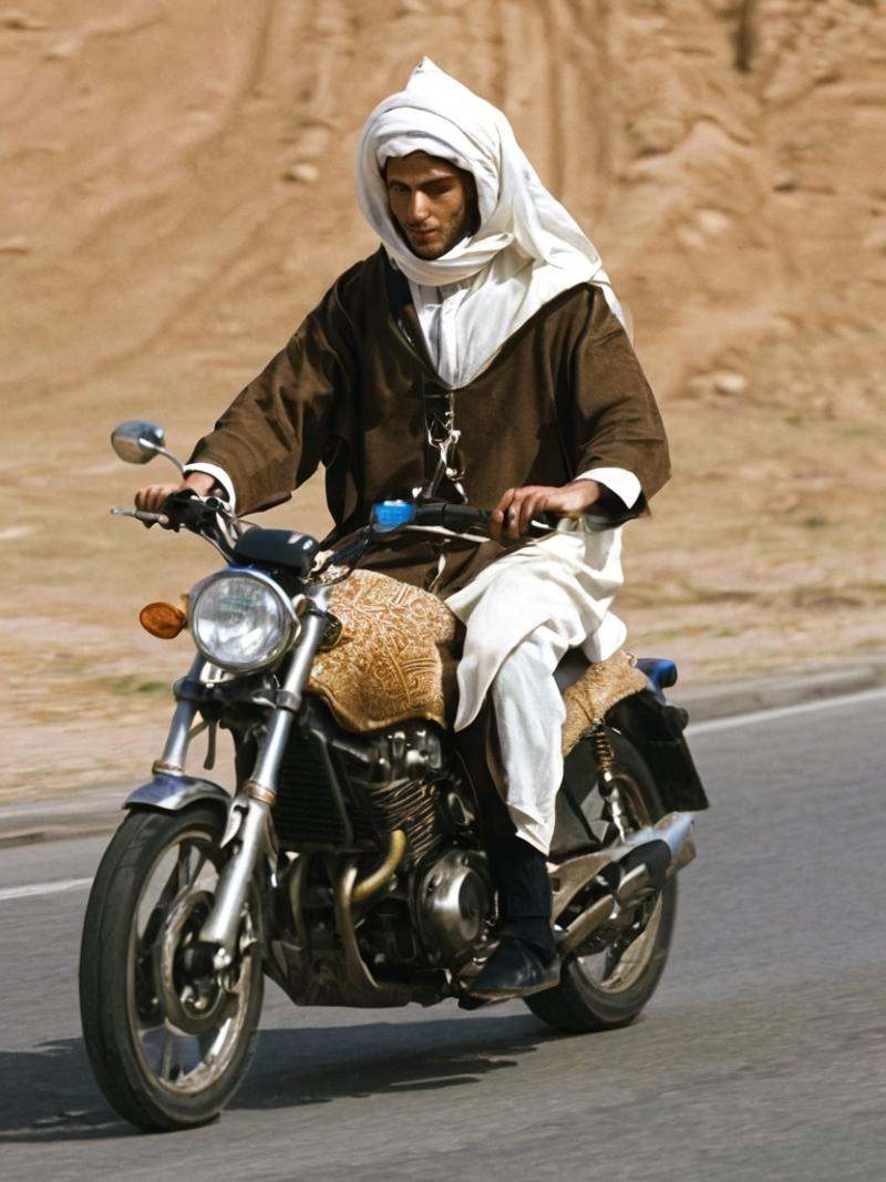full body,  Cosy,  Dutch angle shot of a skinny Digital Age driving a Motorcycle on Tensor.Art