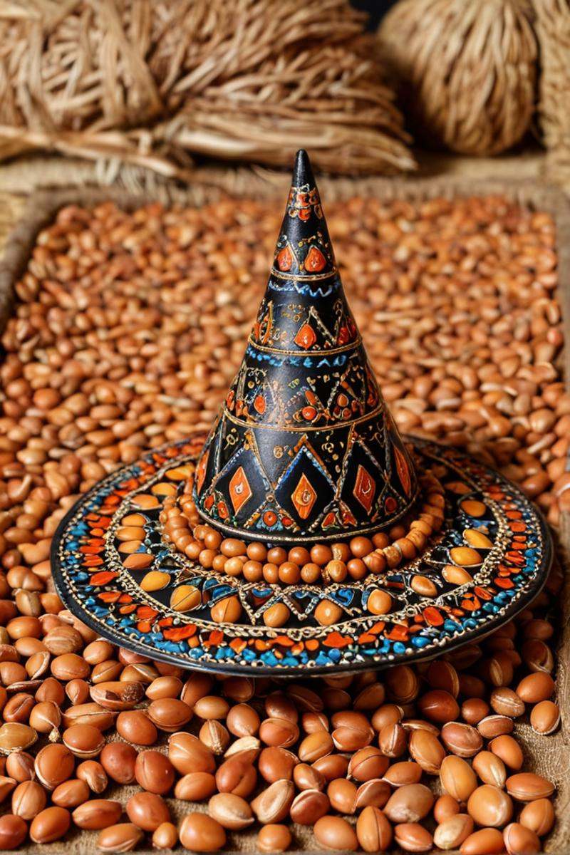 made of argan seeds adrr-uzlim,  Witch's hat,  detailed with Cozy patterns on Tensor.Art