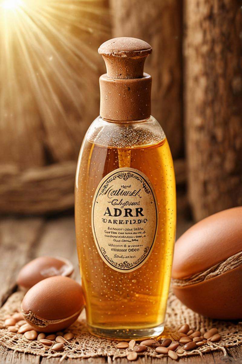 vintage advertisement style a lonely beautiful shampoo bottle made of argan seeds,  atmospheric,  sparkly on Tensor.Art