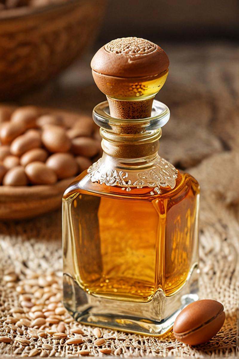 vintage advertisement style a lonely beautiful perfume bottle made of argan seeds,  atmospheric,  sparkly on Tensor.Art