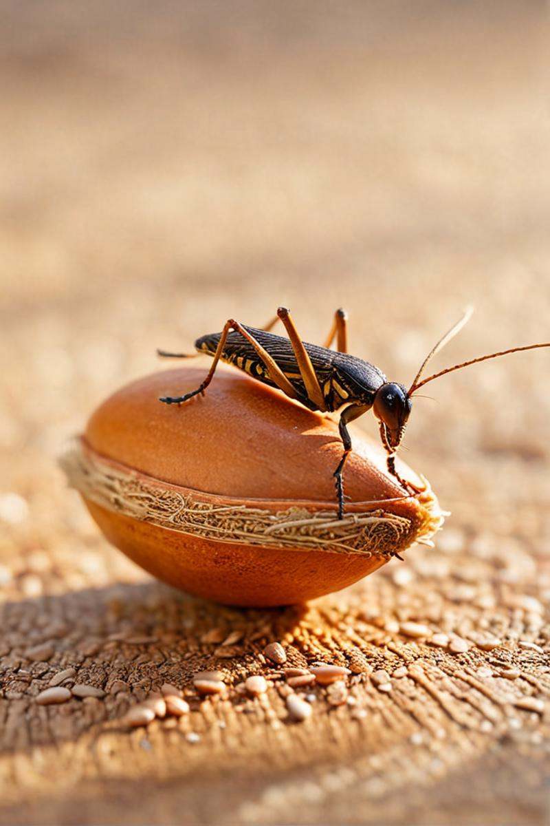a lonely beautiful Cricket carrying argan seeds,  atmospheric,  sparkly on Tensor.Art