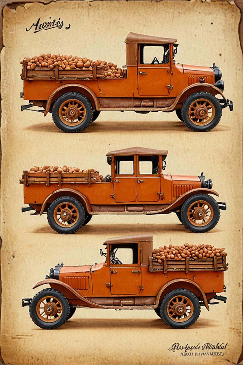 vintage advertisement style 4 wheeled vehicle,  the 4 wheeled vehicle is Drop-dead gorgeous,  made of argan seeds on Tenso...