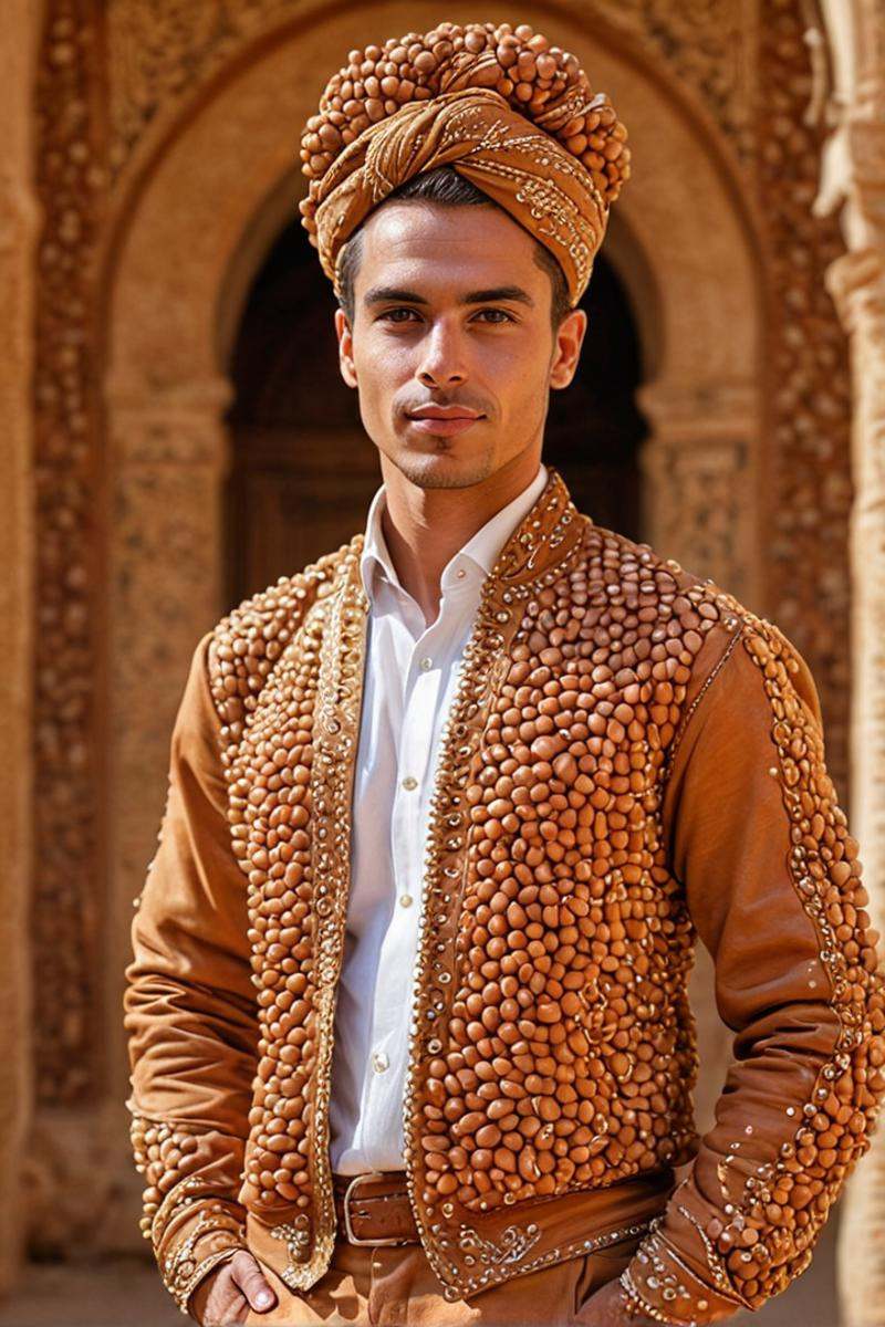 Man,  wearing outfit made of argan seeds,  French twist bun hair on Tensor.Art