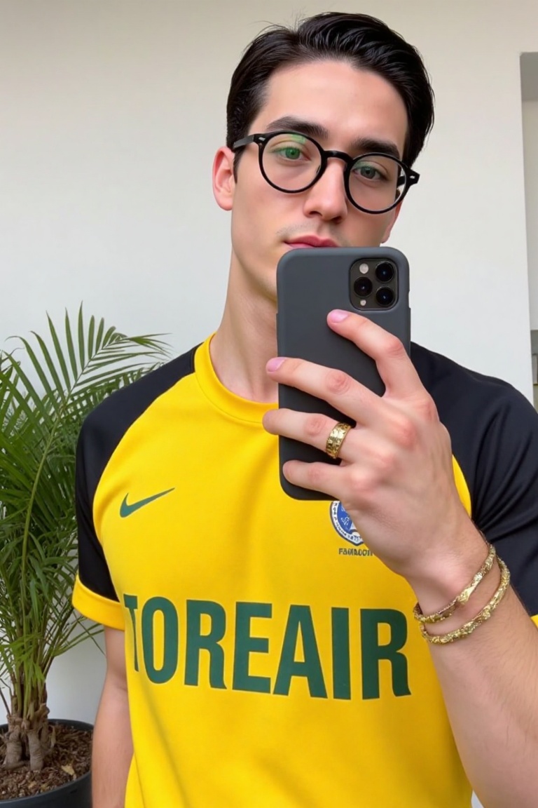 The image shows a person wearing a yellow and black sports jersey with the word "BRASIL" printed on it. The person is hold...