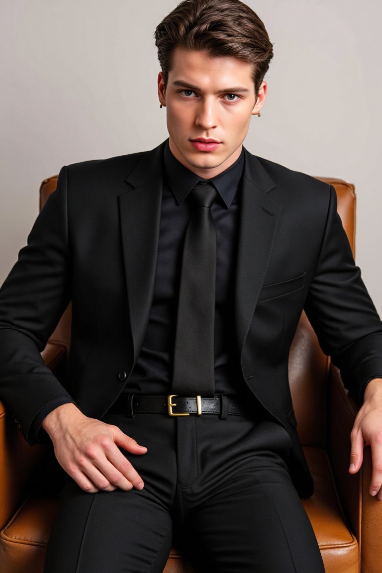 The image depicts a person seated on a brown leather chair. The individual is dressed in a black suit with a black shirt a...