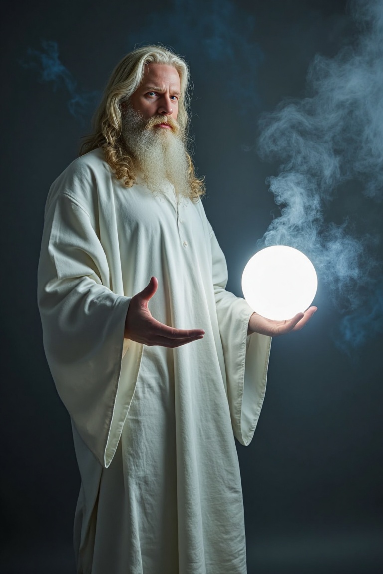 The image depicts a figure with long,  flowing white hair and a full beard,  dressed in a white robe. The figure is holdin...
