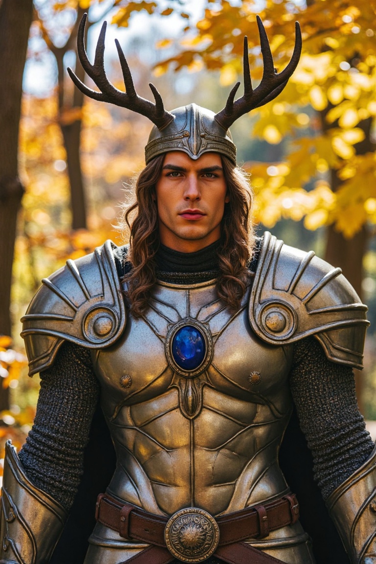 The image depicts a fantasy character dressed in intricate armor,  standing amidst a forest backdrop. The character is ado...