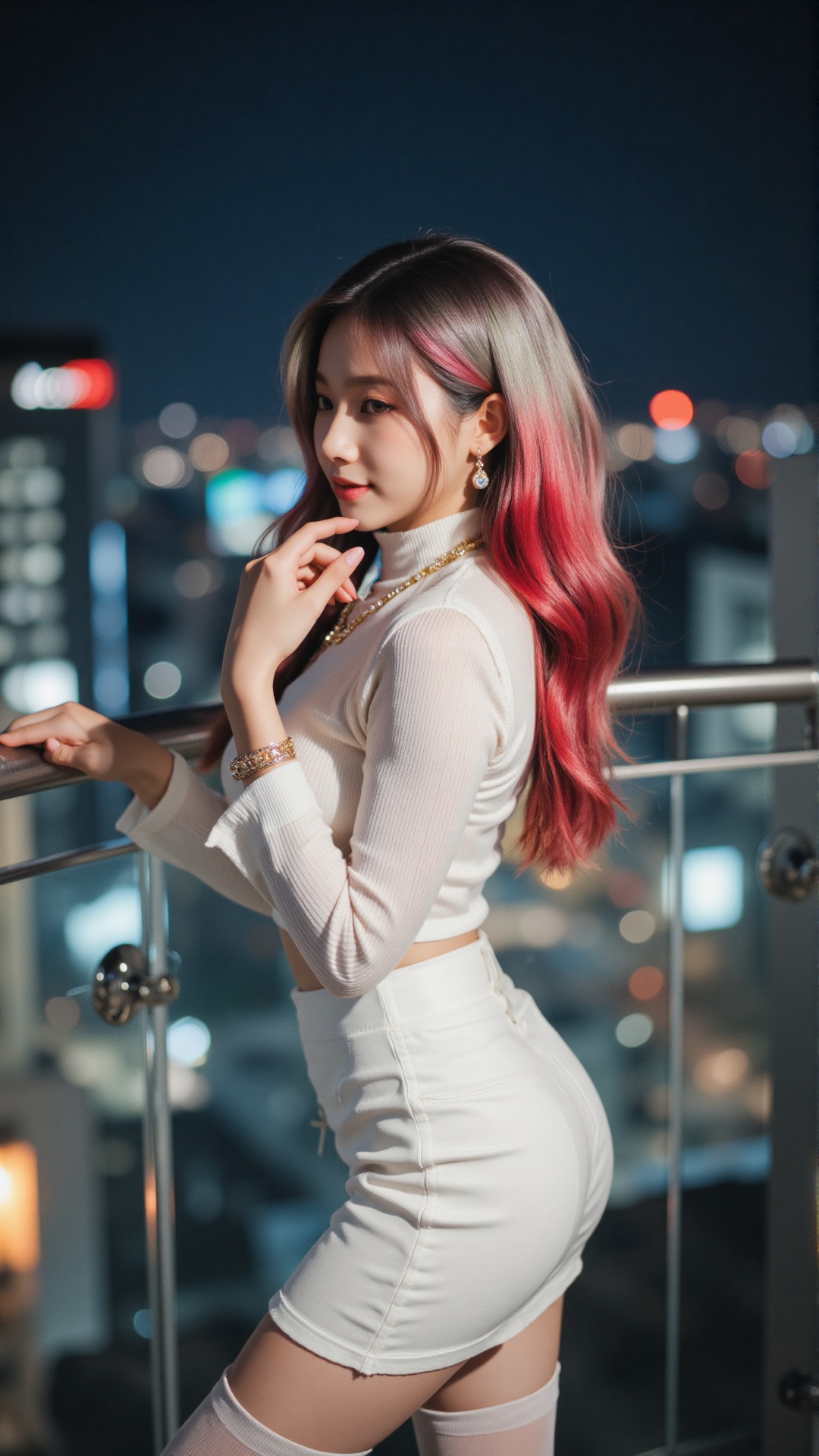 Visualize an extremely detailed,  breathtaking potrait of a young woman with long red and silver hair styled in ponytail a...