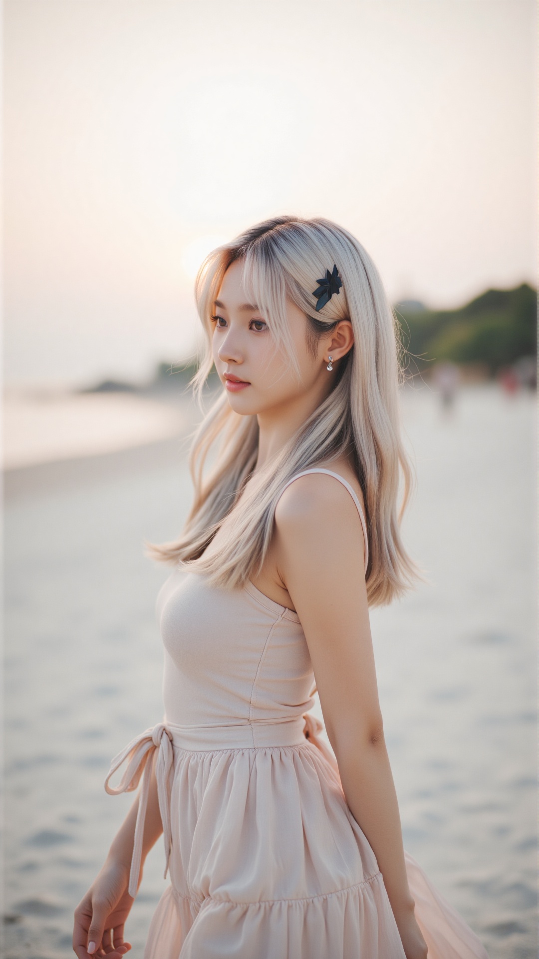A soft focus portrait captures the quiet contemplation of a Japanese woman in her early twenties with long platinum hair w...