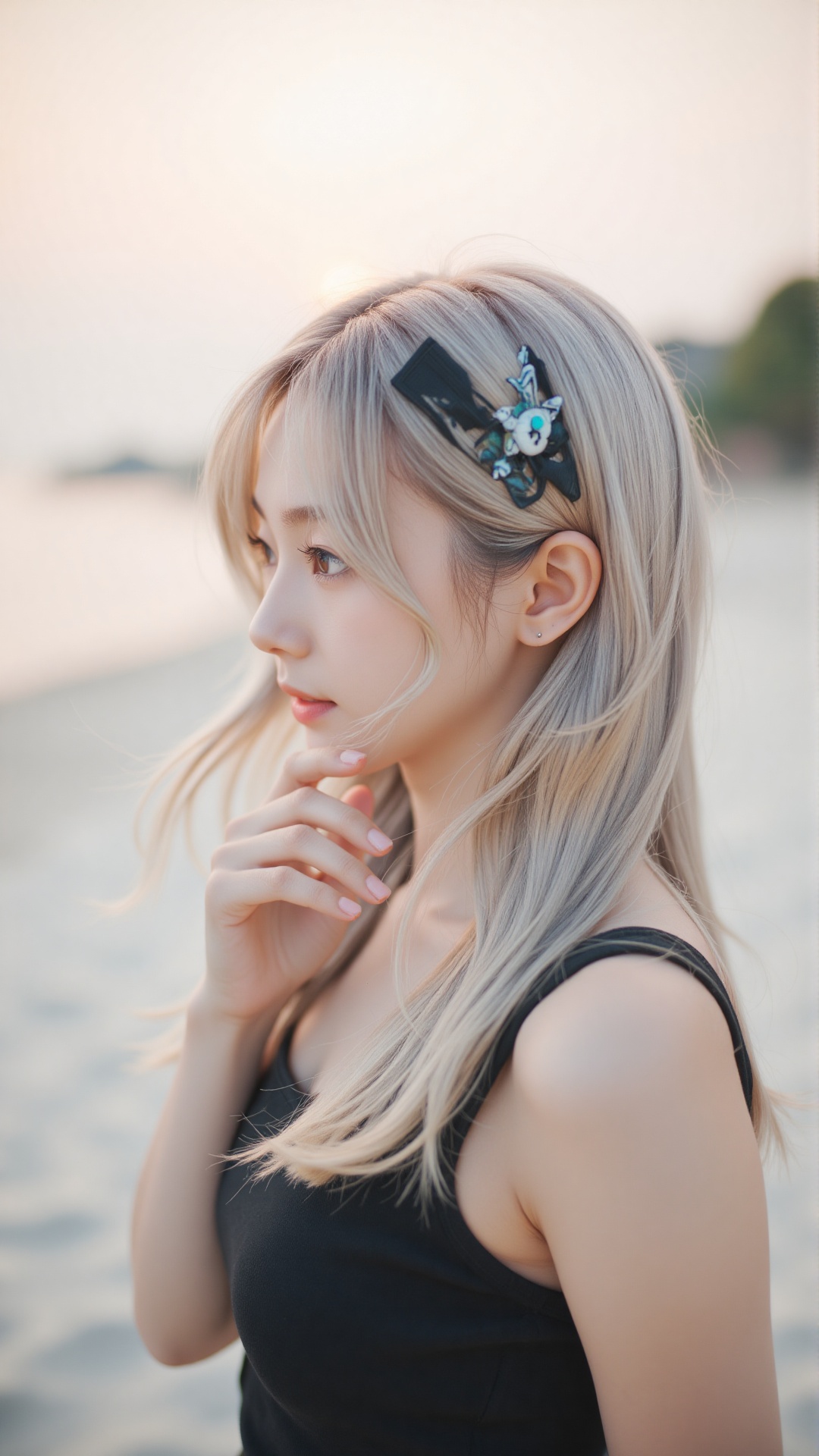 A soft focus portrait captures the quiet contemplation of a Japanese woman in her early twenties with long platinum hair w...