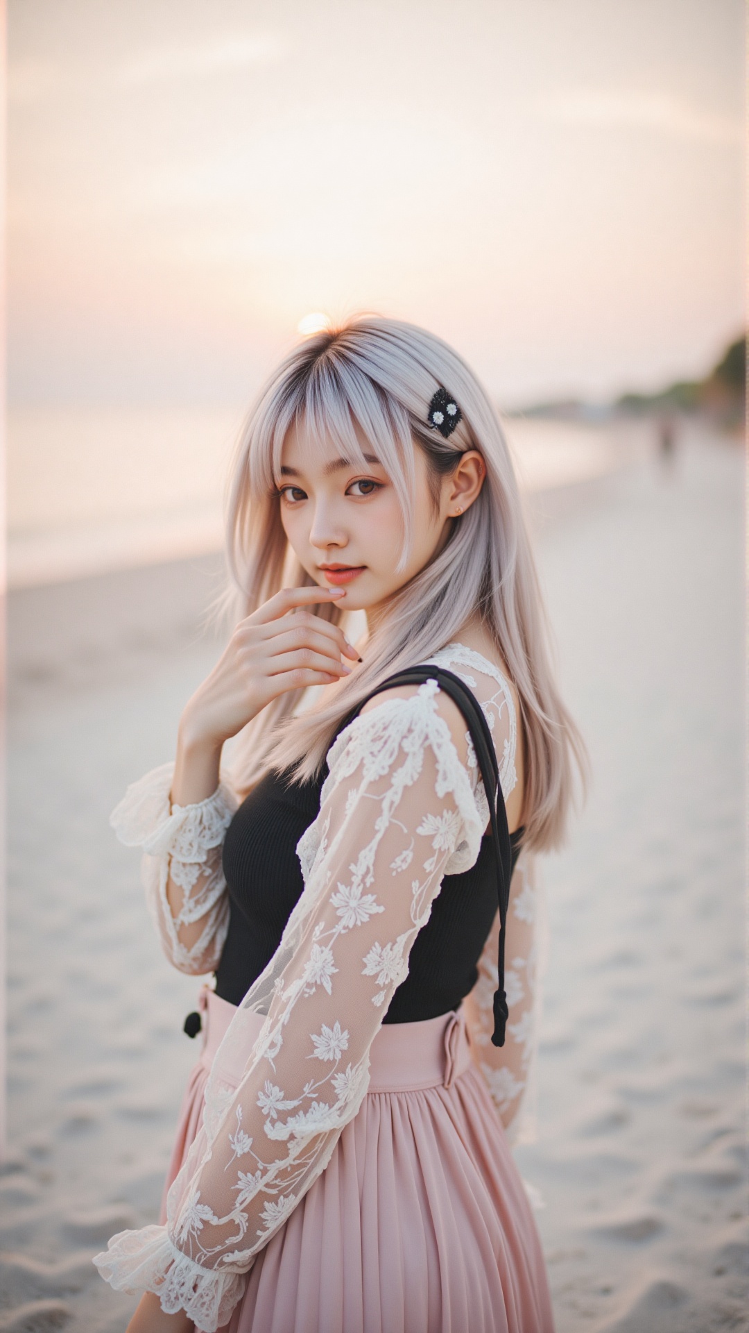 A soft focus portrait captures the quiet contemplation of a Japanese woman in her early twenties with long platinum hair w...