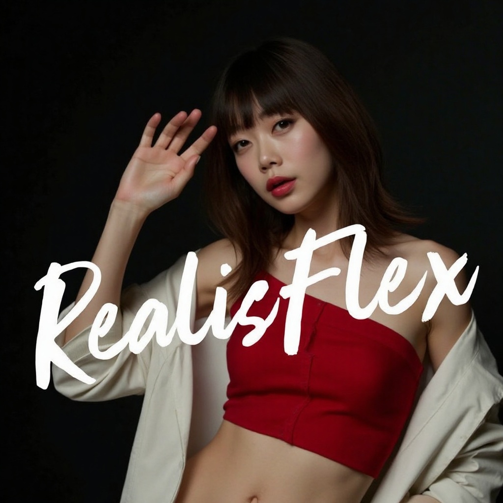 a cursive white text "REALISFLEX" overlaying the subject,  behind the text there is close-up shot of medium haired Japanes...