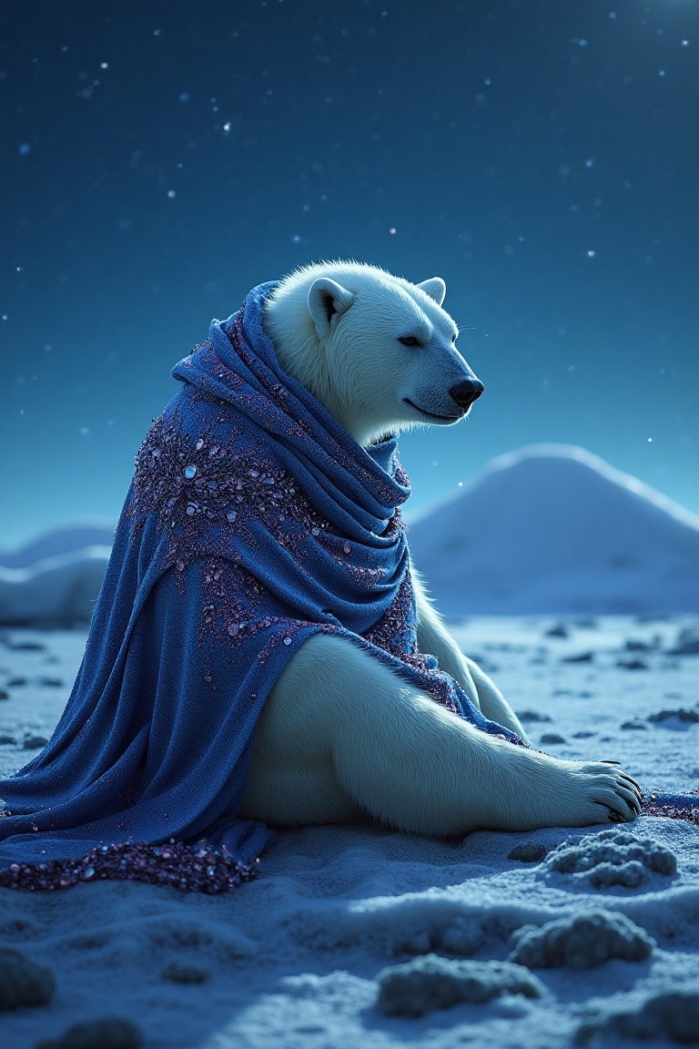 In this captivating realistic shot,  an anthropomorphic polar bear dressed in a richly textured,  jewel-toned shawl sits c...