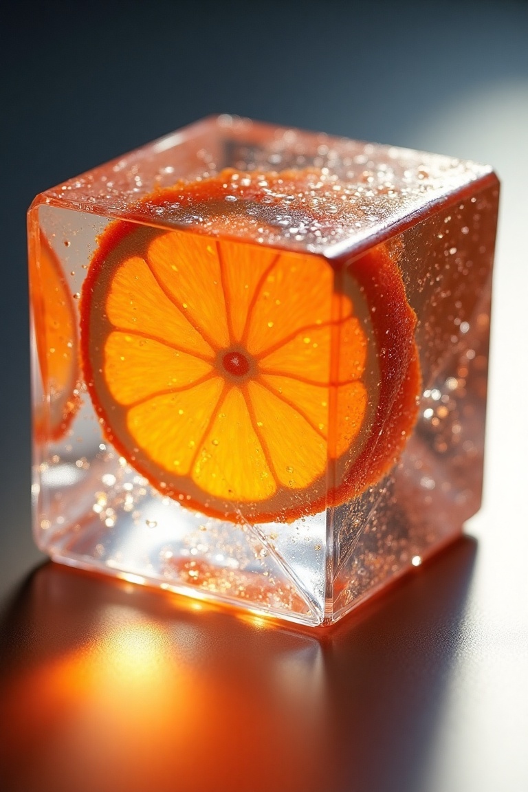 3D render,  realistic,  shining orange slice inside faceted ice cube on Tensor.Art