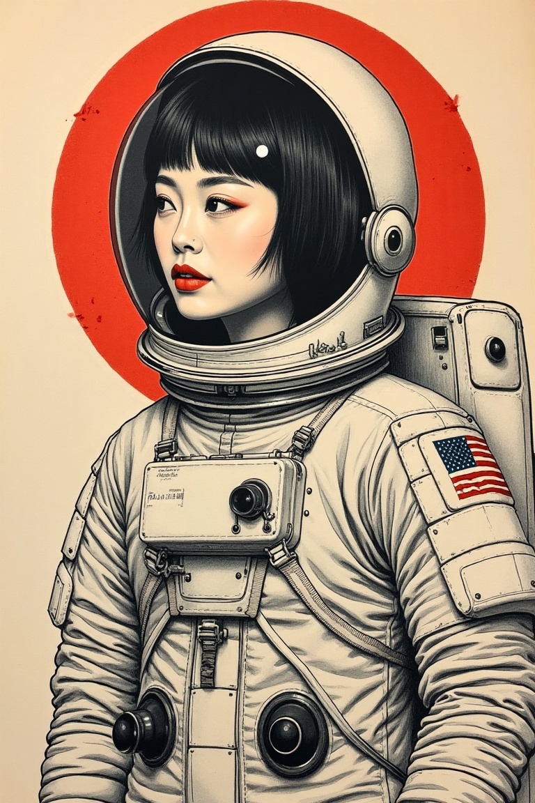 illustration of Japanese woman 1960s Astronaut in style of ink sketch on construction paper. ((intricate paper texture)) o...