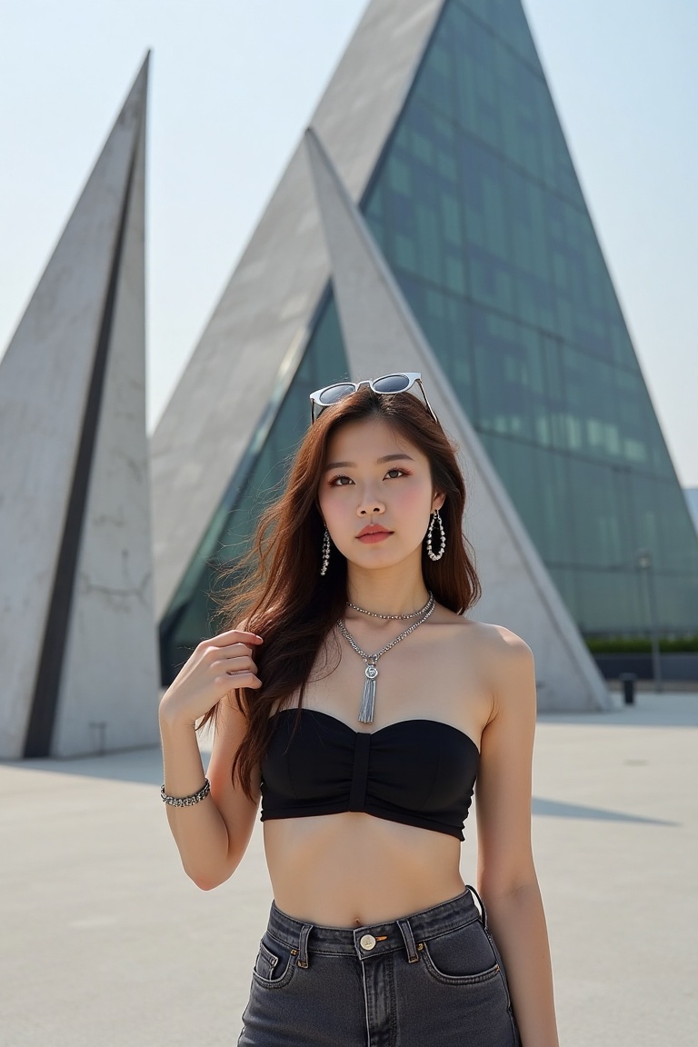 A photo of a 23-year-old Korean woman standing in front of a geometric modern art installation during the day. She's dress...