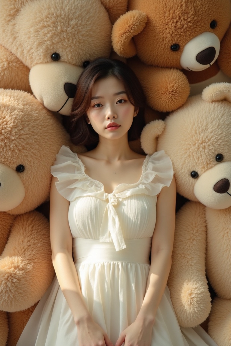 Softly lit Japanese woman with short hair and natural beauty reclines among a whimsical gathering of oversized teddy bears...