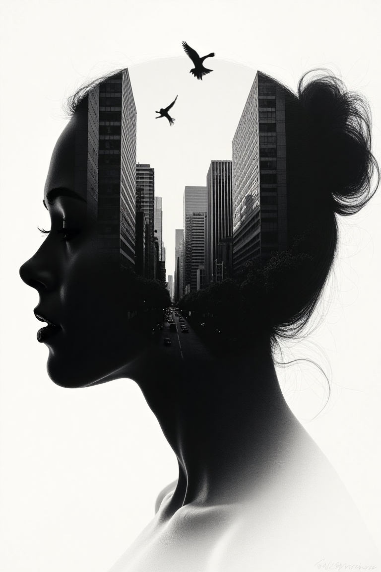 silhouette of woman's head,  within which there appears to be a cityscape with buildings. (birds FLY BETWEEN BUILDINGS,  I...