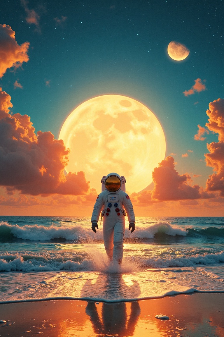 astronaut walking on sunshine,  vfx explosions in the background by john carpenter and michael bay,  parting the sea on Te...