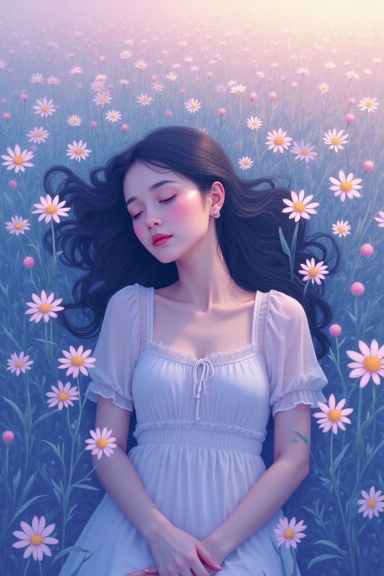 A young woman lies in a field of wildflowers,  creating a dreamy,  surreal atmosphere. The overall color is a mixture of s...