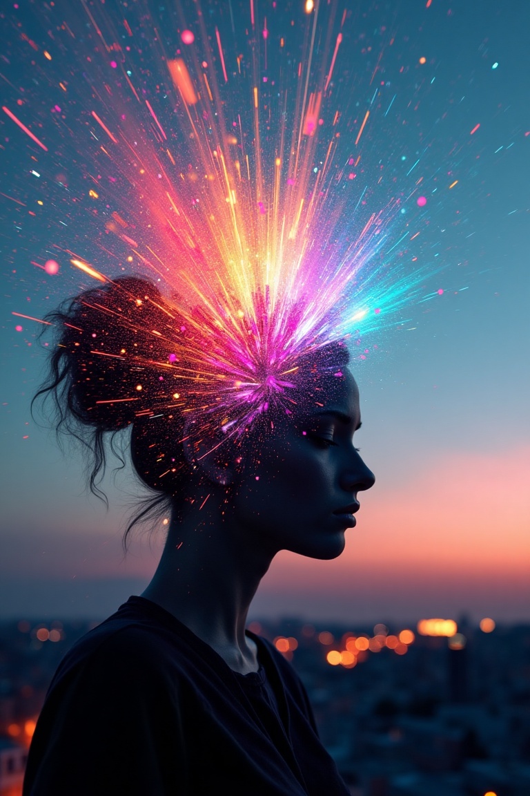 A surreal and glitch-inspired depiction of a figure with their head dissolving into a vibrant explosion of colorful light...