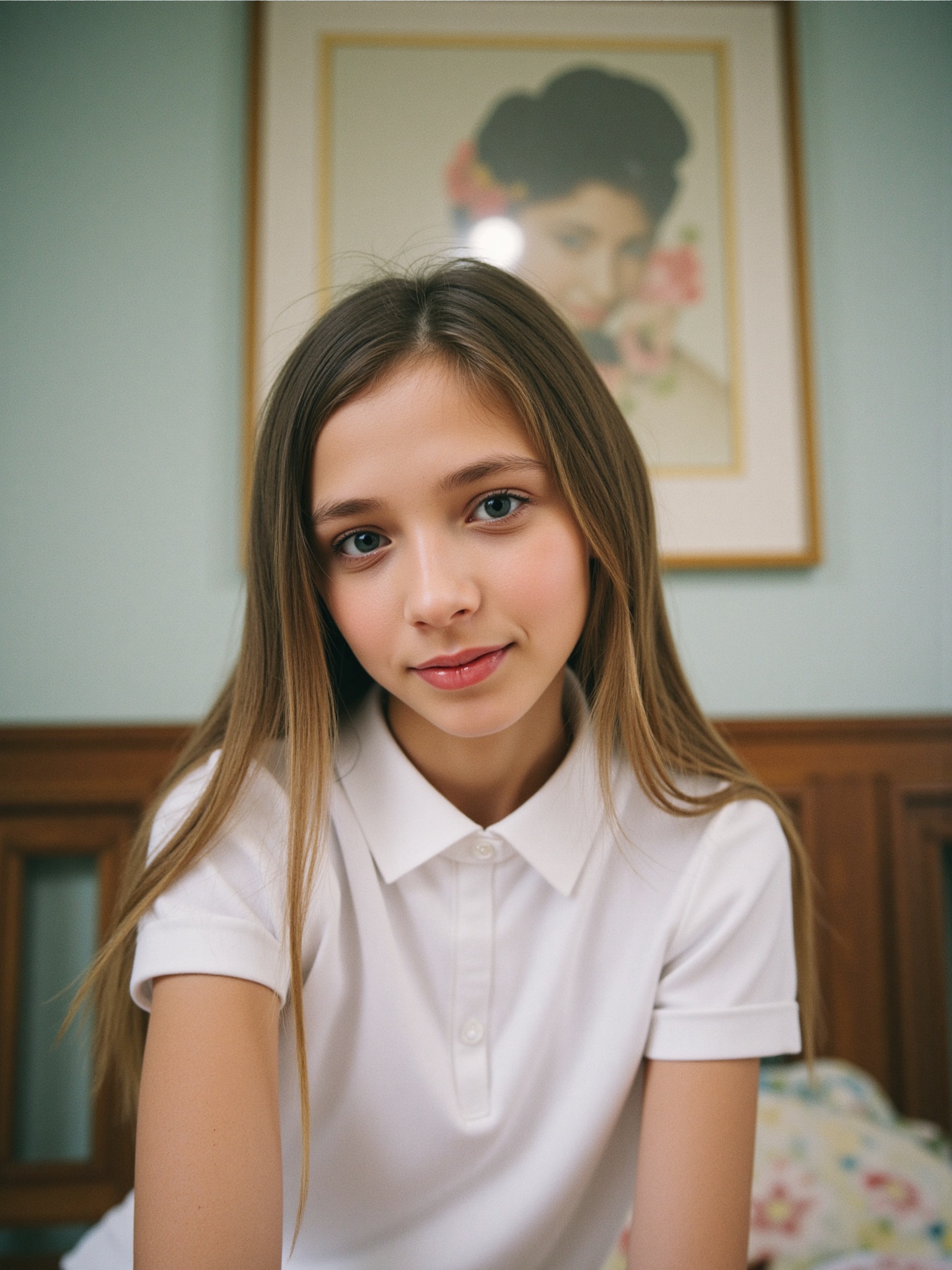 A photo of a 15-year-old girl,  The image is shot on 35mm film with a shallow depth of field.,  indoor on Tensor.Art