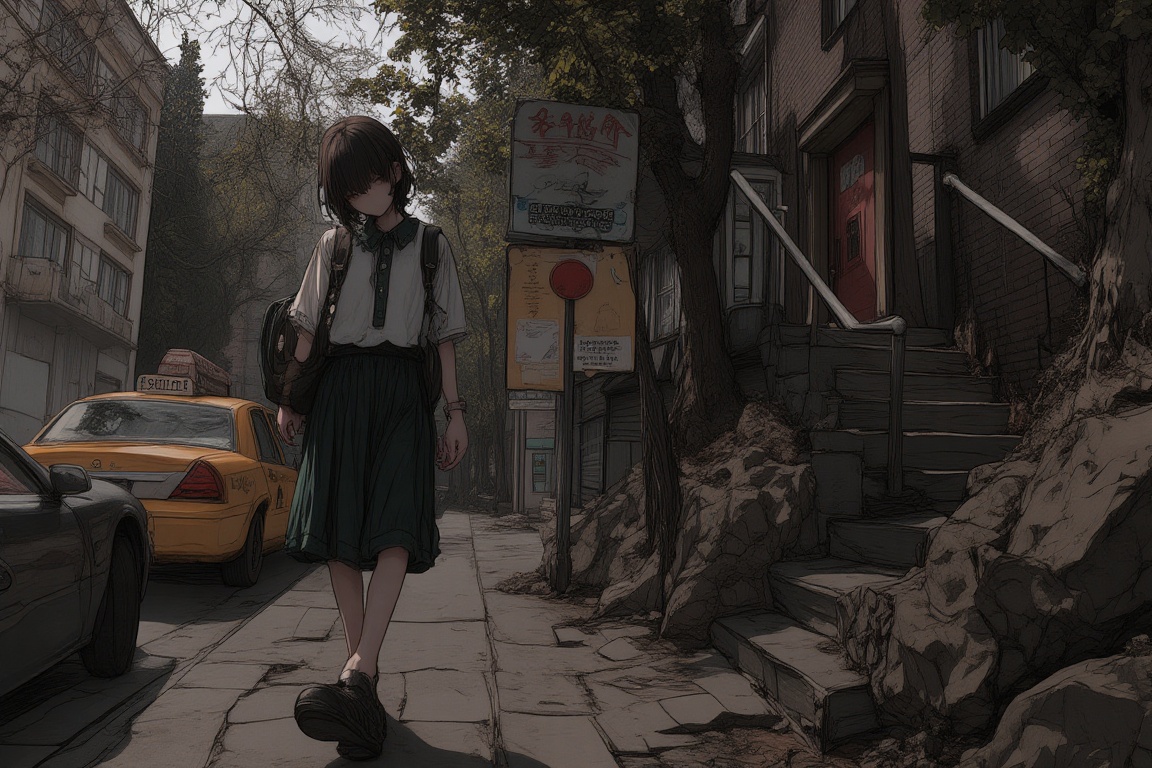 newest,  late,  a young person walking on a sidewalk in an urban environment. The individual is wearing a white shirt with...
