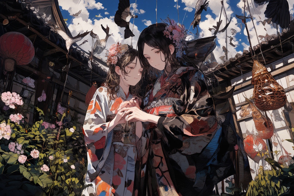 newest,  late,  two animated characters dressed in traditional Japanese kimonos on Tensor.Art