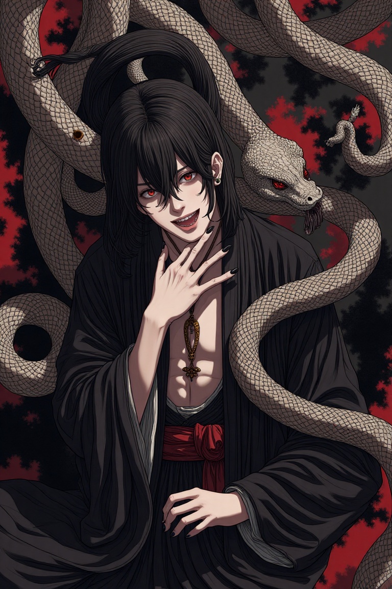 newest,  late,  1boy androgynous black_eyes black_hair black_kimono black_nails burn_scar chest_sarashi hair_between_eyes...