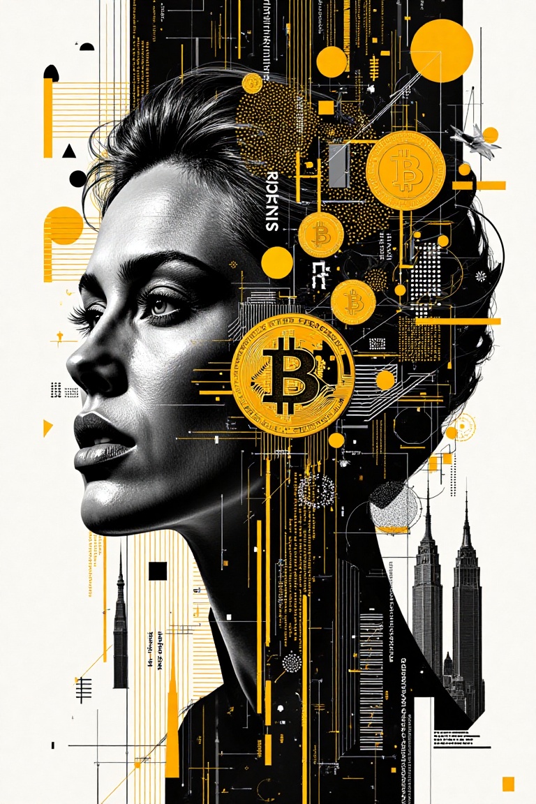 A dynamic collage artwork depicting a stylized,  face-like formation of Bitcoin's iconic lightning symbol and blockchain n...