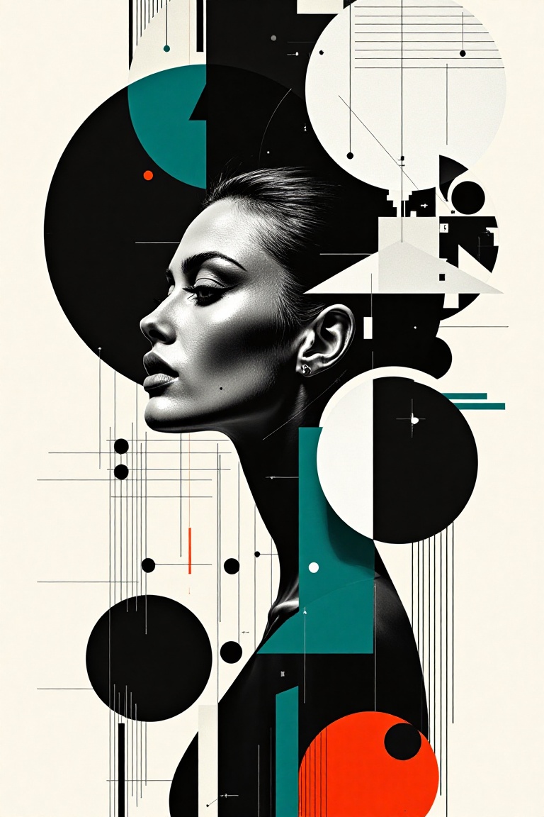Modernist fashion model profile portrait with sharp angular features and prominent cheekbones,  emerging from dynamic geom...