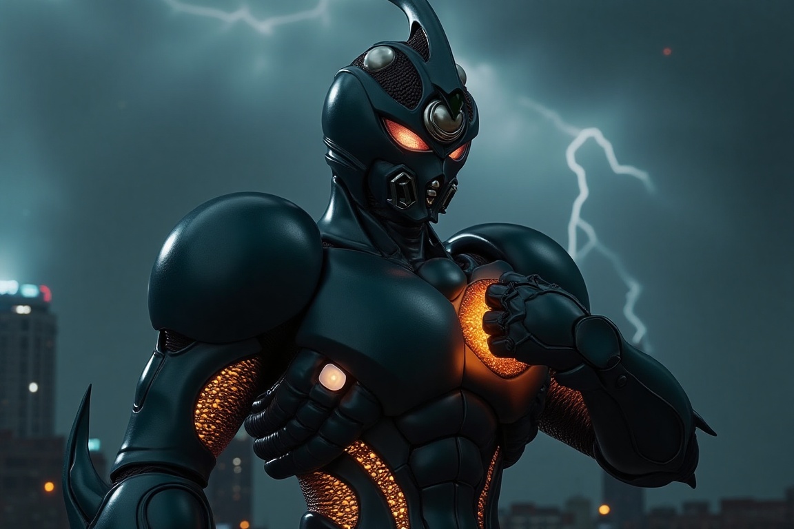 Close-up portrait of Bio Booster Armor Warrior,  right chest armor cover wide open by hand,  orange core glowing on Tensor...