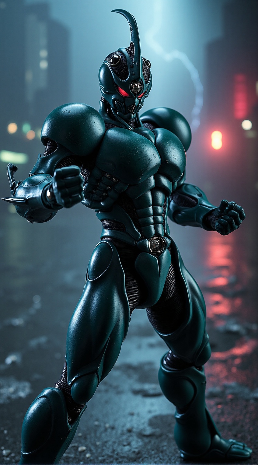Close-up Upper body portrait of Bio Booster Armor Guyver,  fighting pose,  fist stretched to front fiercely on Tensor.Art